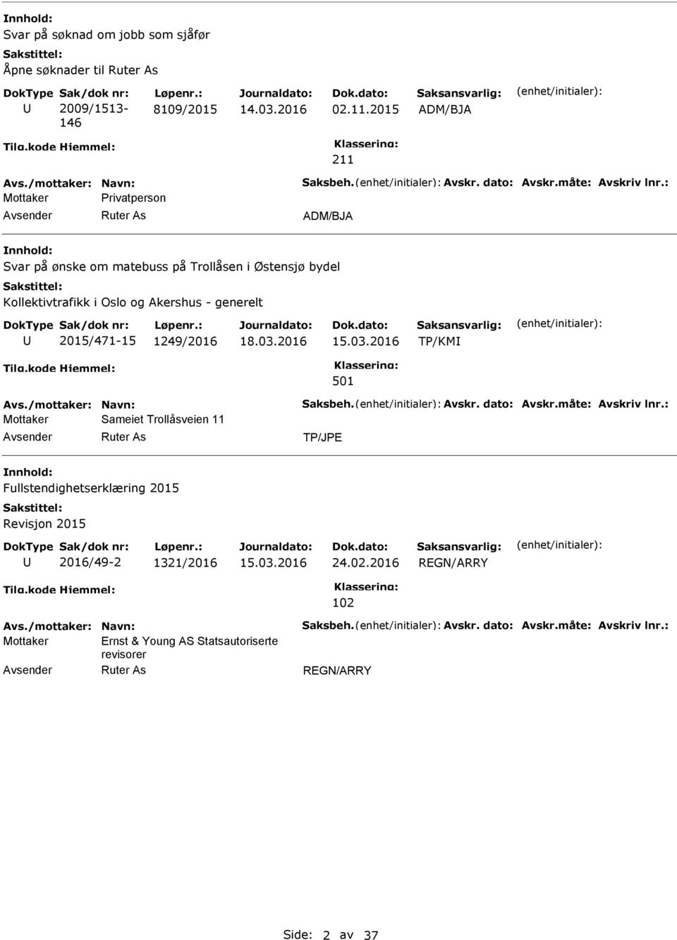 : Mottaker Privatperson ADM/BJA Svar på ønske om matebuss på Trollåsen i Østensjø bydel Kollektivtrafikk i Oslo og Akershus - generelt 2015/471-15 1249/2016 TP/KM Avs.