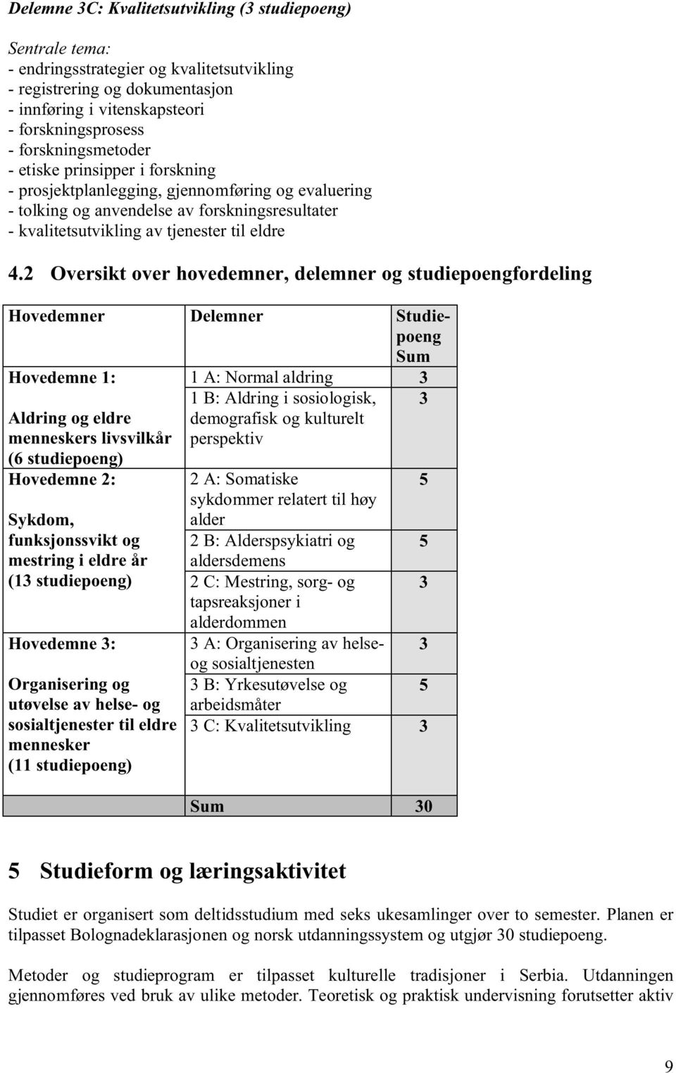 2 Oversikt over hovedemner, delemner og studiepoengfordeling Hovedemner Delemner Studiepoeng Sum Hovedemne 1: Aldring og eldre menneskers livsvilkår (6 studiepoeng) Hovedemne 2: Sykdom,