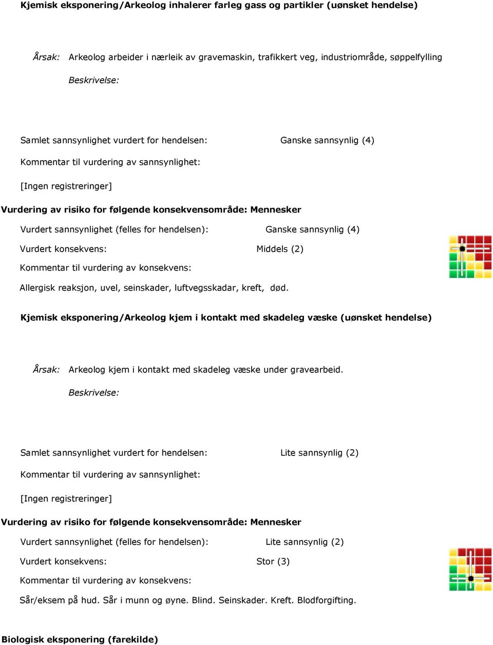 luftvegsskadar, kreft, død. Kjemisk eksponering/arkeolog kjem i kontakt med skadeleg væske (uønsket hendelse) Årsak: Arkeolog kjem i kontakt med skadeleg væske under gravearbeid.