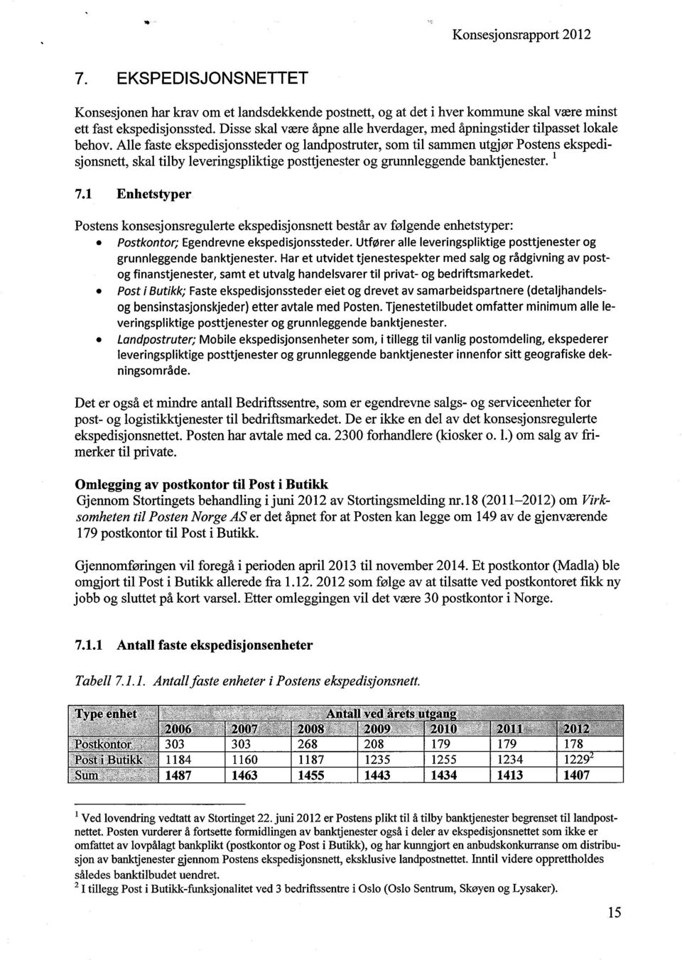 Alle faste ekspedisjonssteder og landpostruter, som til sammen utgjør Postens ekspedisjonsnett, skal tilby leveringspliktige posttjenester og grunnleggende banktjenester. 7.