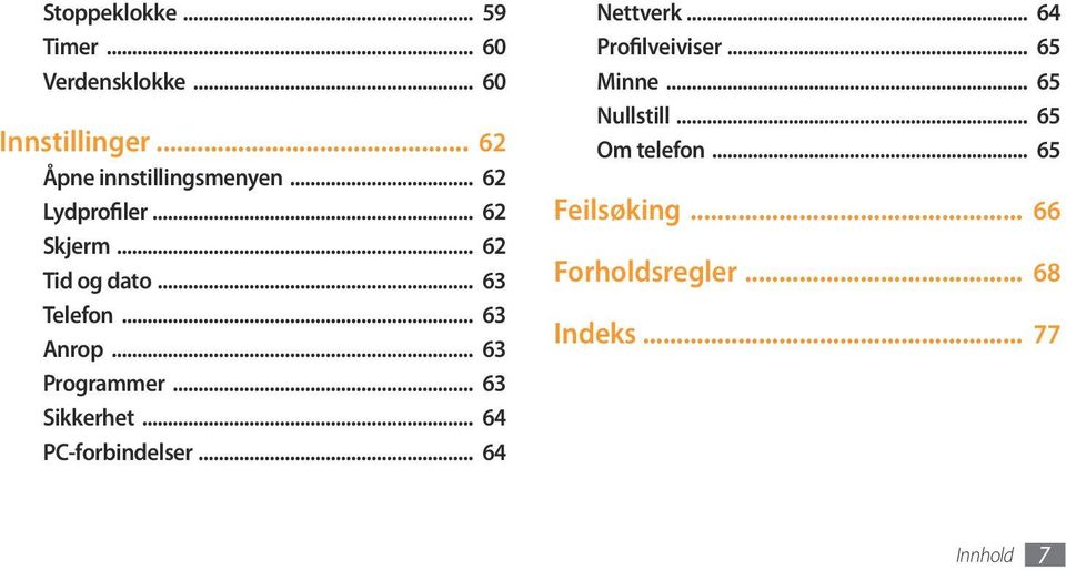 .. 63 Sikkerhet... 64 PC-forbindelser... 64 Nettverk... 64 Profilveiviser... 65 Minne.