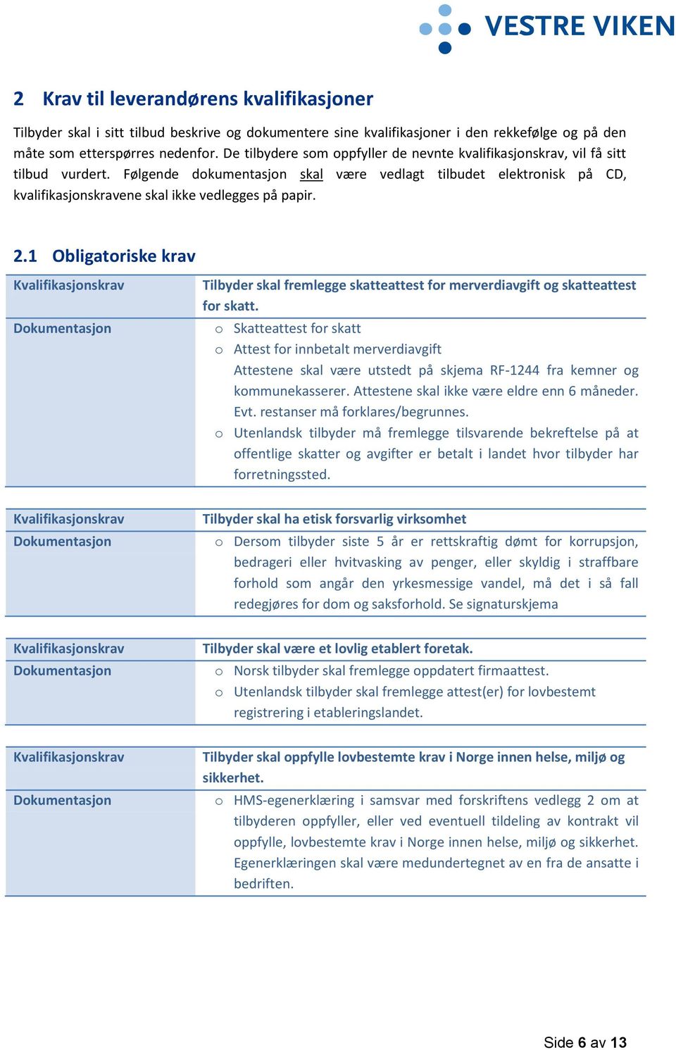 Følgende dokumentasjon skal være vedlagt tilbudet elektronisk på CD, kvalifikasjonskravene skal ikke vedlegges på papir. 2.