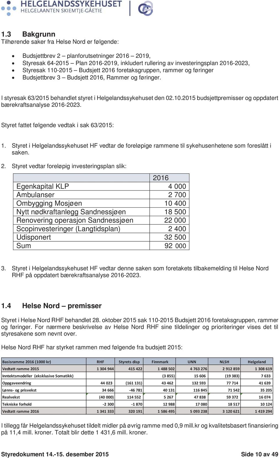 Styret fattet følgende vedtak i sak 63/2015: 1. Styret i Helgelandssykehuset HF vedtar de foreløpige rammene til sykehusenhetene som foreslått i saken. 2.