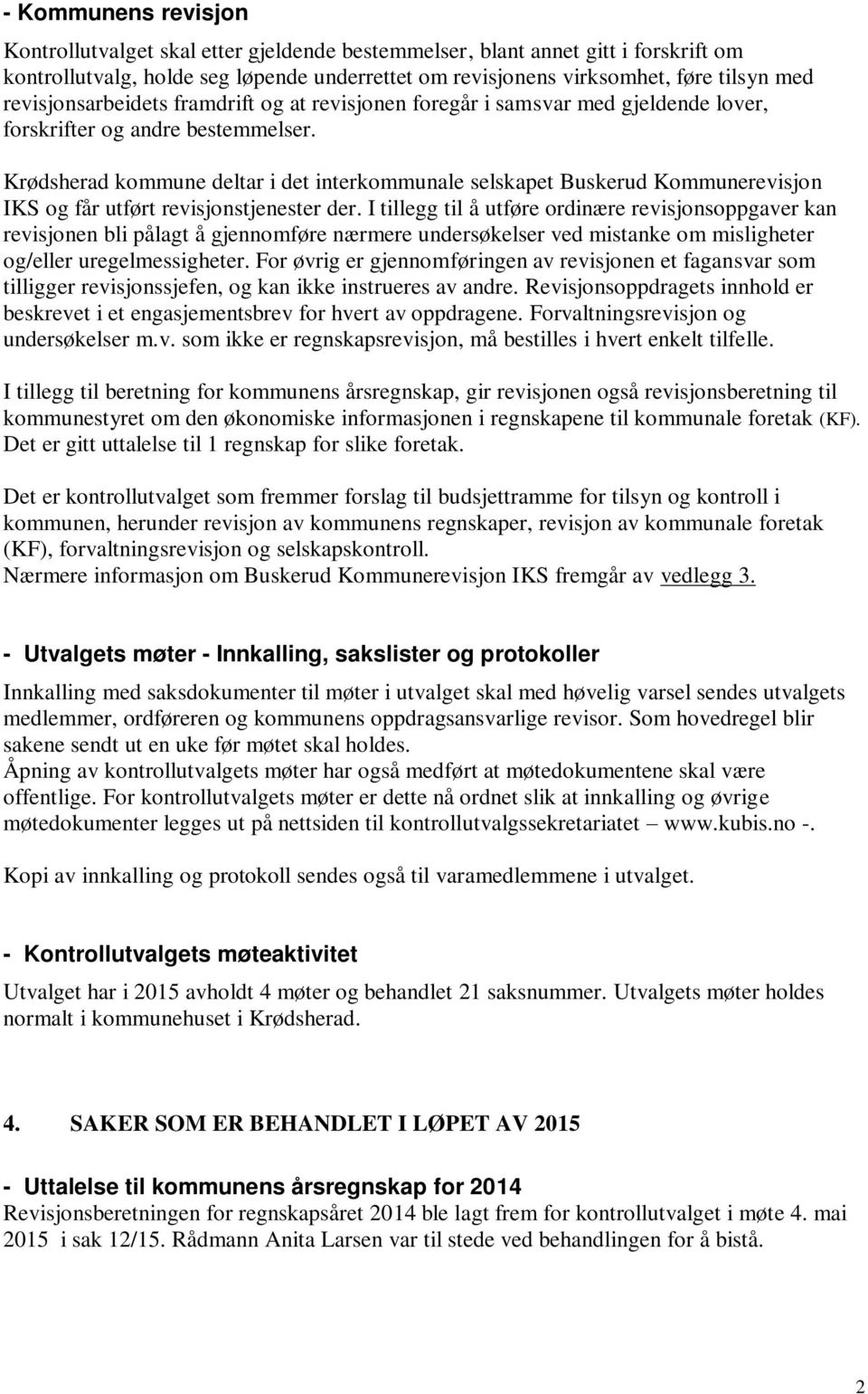 Krødsherad kommune deltar i det interkommunale selskapet Buskerud Kommunerevisjon IKS og får utført revisjonstjenester der.