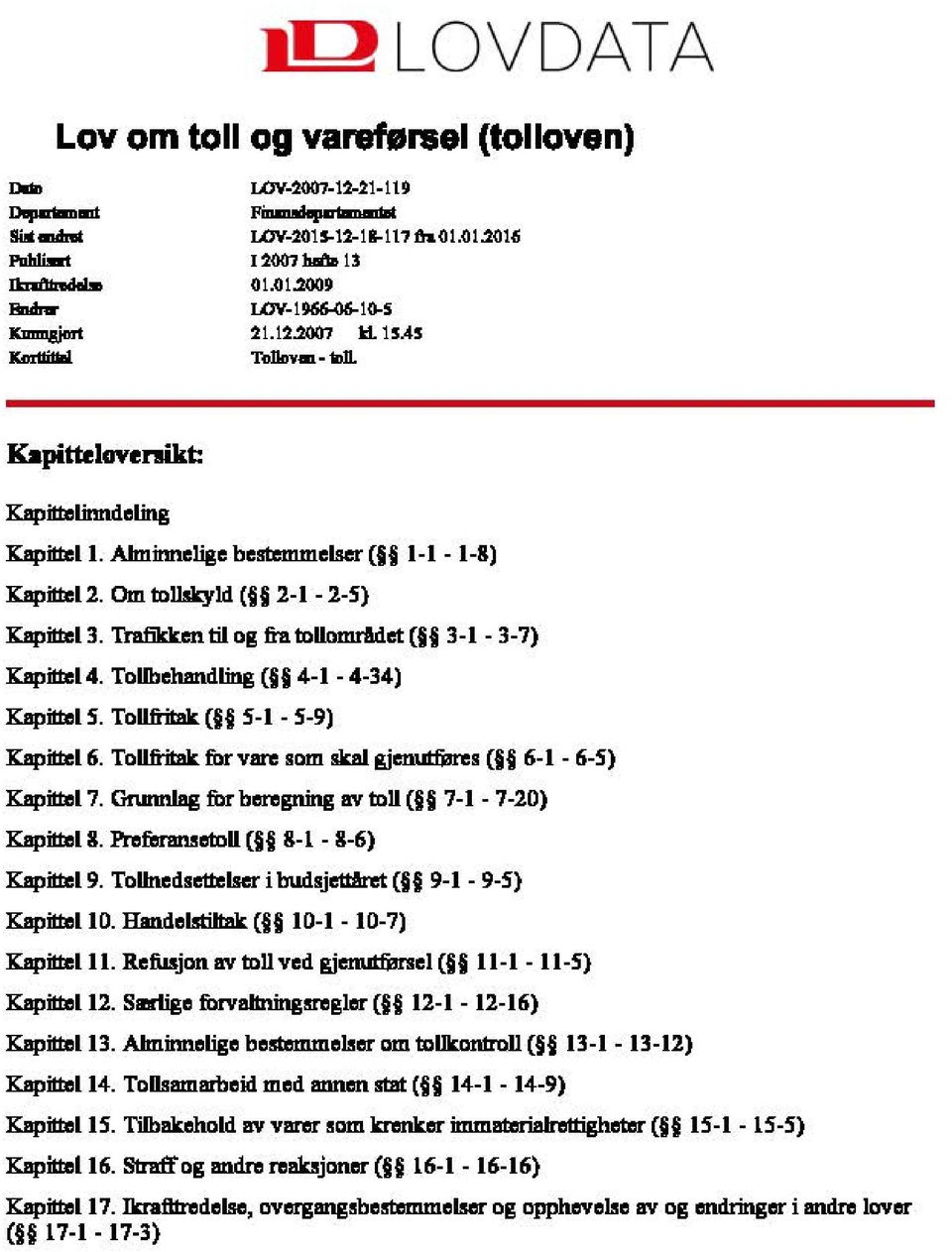 omrmet ( 3-1 - 3-7) Kapilll:l4. Tollbehandling ( 4-1-4-34) Kapibl S. Tollfiitak ( S-1 - S-9) Kapilll:l6. Tollfiitak filr vare som skaj. gjenut&res ( 6-1 - 6-S) Kapibl 7.