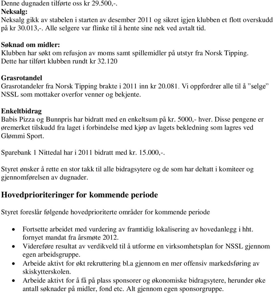 Dette har tilført klubben rundt kr 32.120 Grasrotandel Grasrotandeler fra Norsk Tipping brakte i 2011 inn kr 20.081. Vi oppfordrer alle til å selge NSSL som mottaker overfor venner og bekjente.