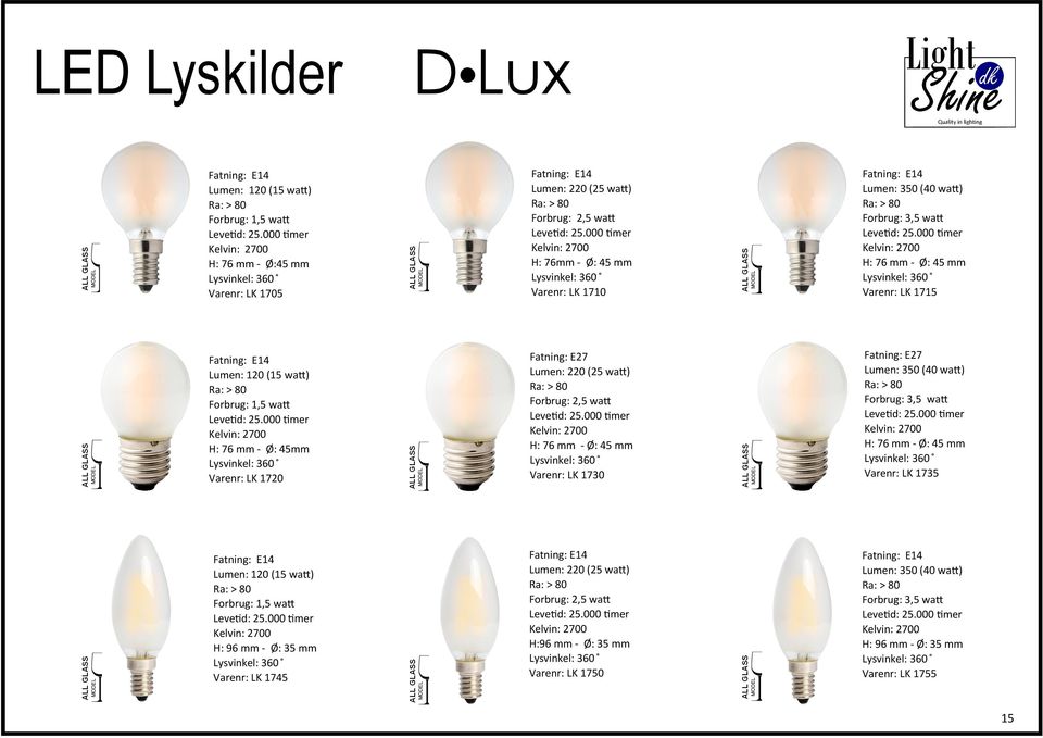 76 mm - Ø: 45mm Varenr: LK 1720 Lumen: 120 (15 wa ) Forbrug: 1,5 wa H: 76 mm - Ø:45 mm Varenr: LK 1705 D Lux Lumen: 350 (40 wa ) H: 76 mm