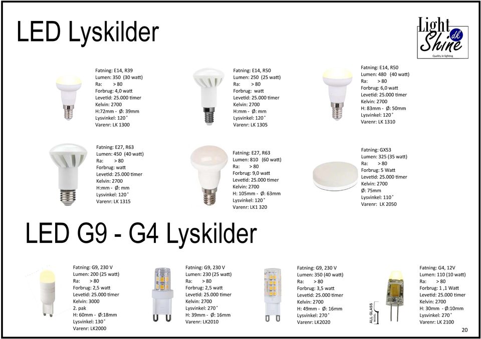 75mm Lysvinkel: 110 Varenr: LK 2050 LED G9 - G4 Lyskilder Fatning: G9, 230 V Lumen: 200 (25 wa) Kelvin: 3000 2.