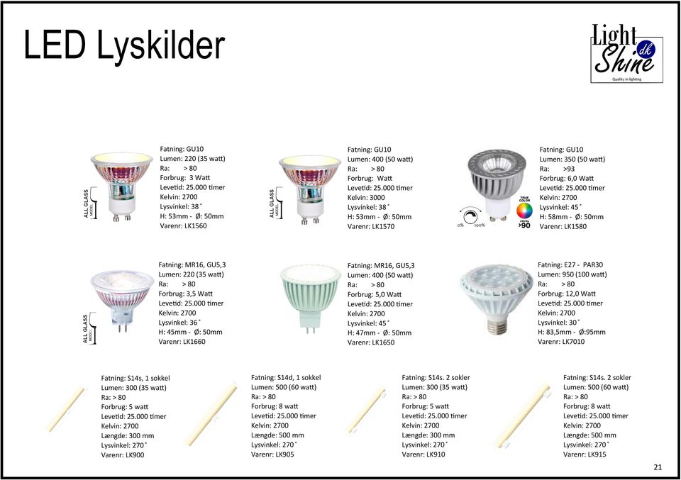 LK1660 Fatning: MR16, GU5,3 Lumen: 400 (50 wa) Forbrug: 5,0 Wa Lysvinkel: 45 H: 47mm - Ø: 50mm Varenr: LK1650 - PAR30 Lumen: 950 (100 wa) Forbrug: 12,0 Wa Lysvinkel: 30 H: 83,5mm - Ø:95mm Varenr: