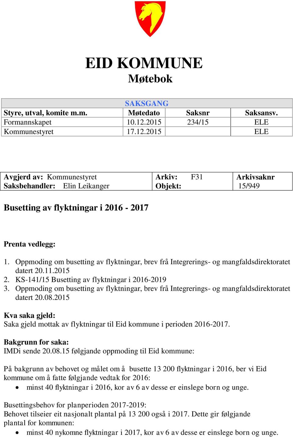 Oppmoding om busetting av flyktningar, brev frå Integrerings- og mangfaldsdirektoratet datert 20.11.2015 2. KS-141/15 Busetting av flyktningar i 2016-2019 3.