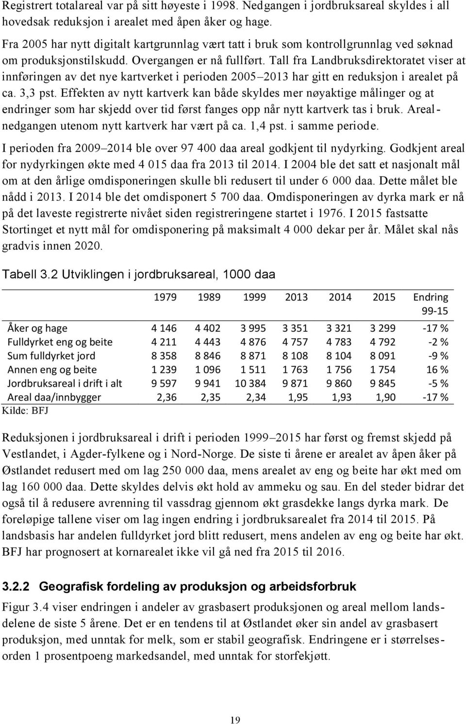 Tall fra Landbruksdirektoratet viser at innføringen av det nye kartverket i perioden 2005 2013 har gitt en reduksjon i arealet på ca. 3,3 pst.