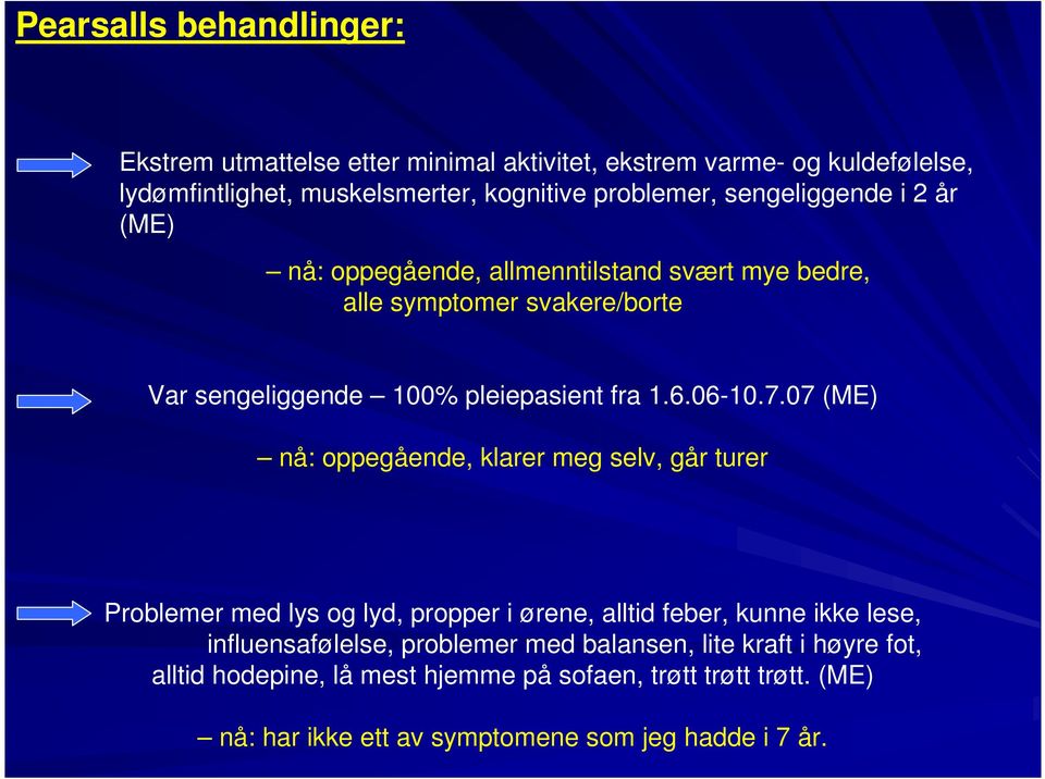 7.07 (ME) nå: oppegående, klarer meg selv, går turer Problemer med lys og lyd, propper i ørene, alltid feber, kunne ikke lese, influensafølelse, problemer