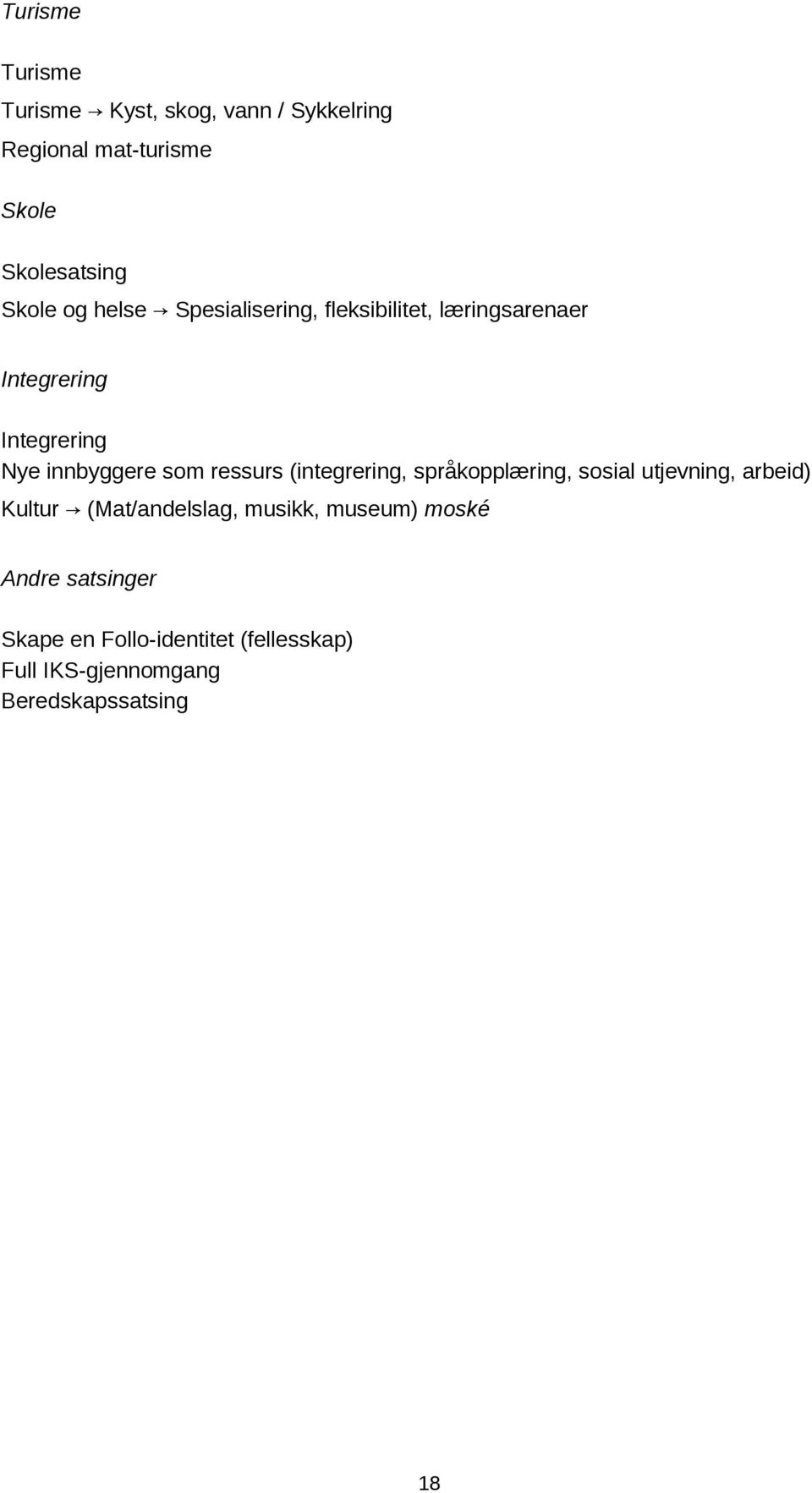 ressurs (integrering, språkopplæring, sosial utjevning, arbeid) Kultur (Mat/andelslag, musikk,