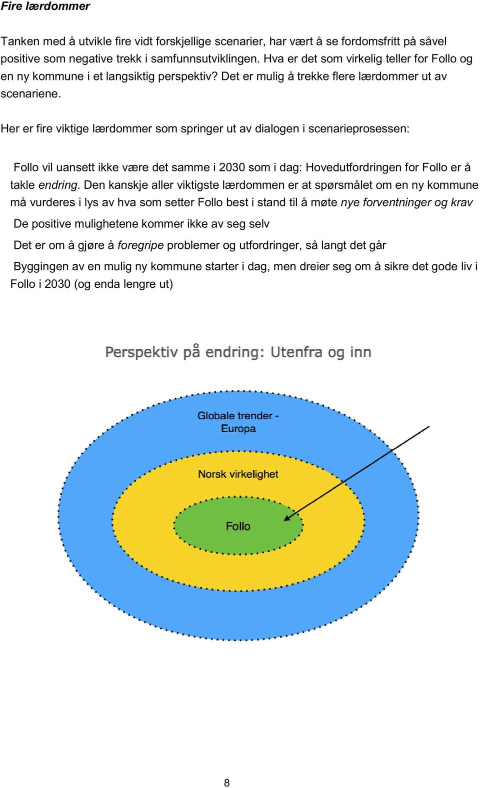 Her er fire viktige lærdommer som s pringer ut av dialogen i scenarieprosessen: Follo vil uansett ikke være det samme i 2030 som i dag: Hovedutfordringen for Follo er å takle endring.