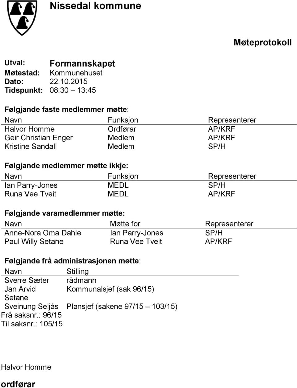 Følgjande medlemmer møtte ikkje: Navn Funksjon Representerer Ian Parry-Jones MEDL SP/H Runa Vee Tveit MEDL AP/KRF Følgjande varamedlemmer møtte: Navn Møtte for Representerer Anne-Nora