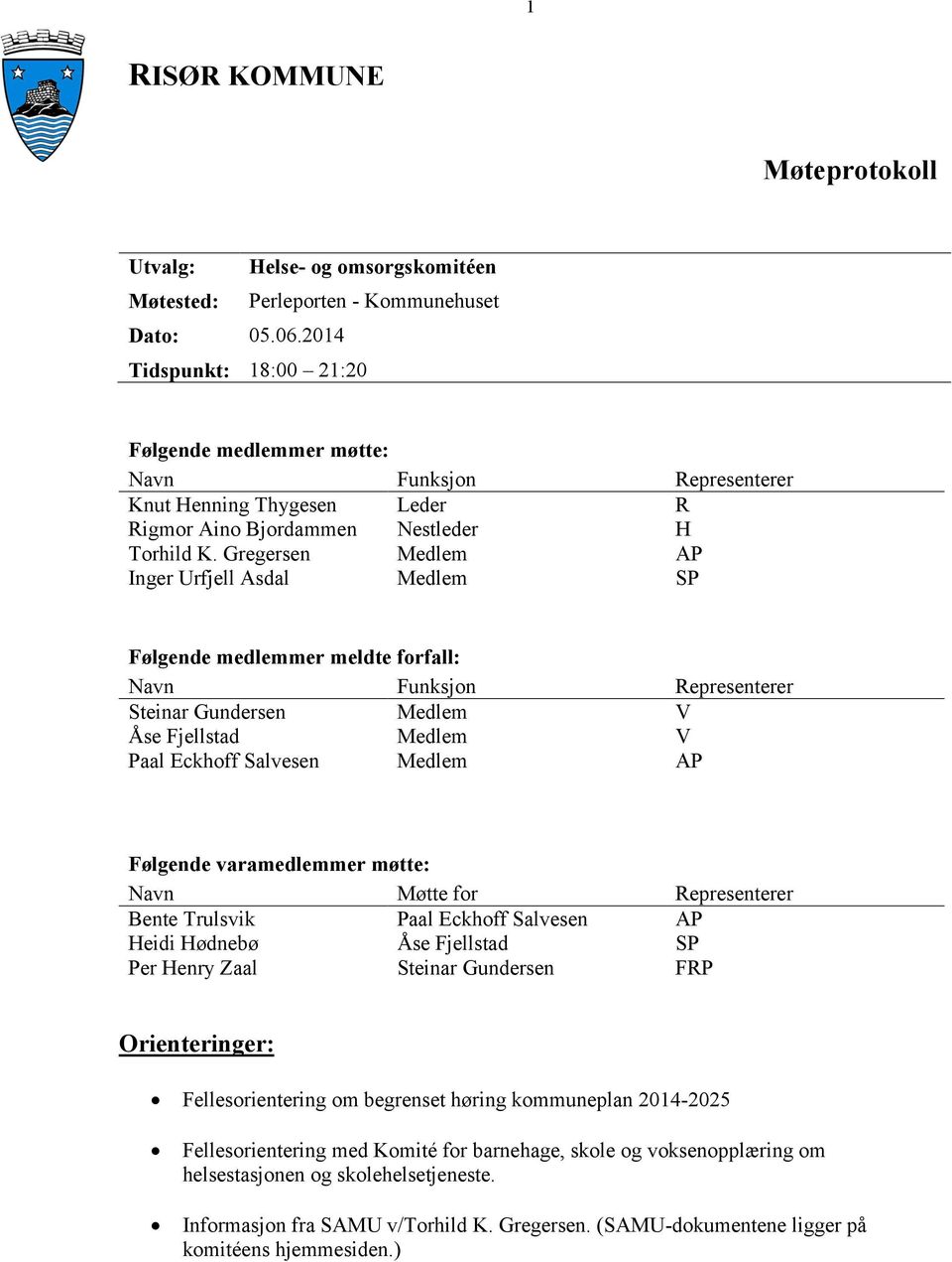 Gregersen Medlem AP Inger Urfjell Asdal Medlem SP Følgende medlemmer meldte forfall: Navn Funksjon Representerer Steinar Gundersen Medlem V Åse Fjellstad Medlem V Paal Eckhoff Salvesen Medlem AP