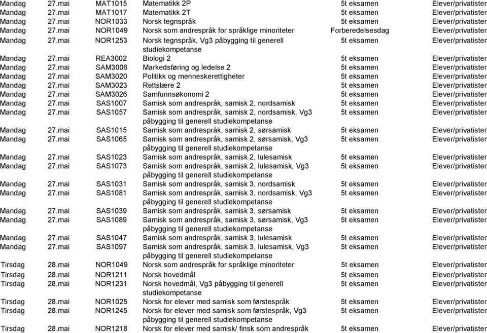 mai REA3002 Biologi 2 5t eksamen Mandag 27.mai SAM3006 Markedsføring og ledelse 2 5t eksamen Mandag 27.mai SAM3020 Politikk og menneskerettigheter 5t eksamen Mandag 27.