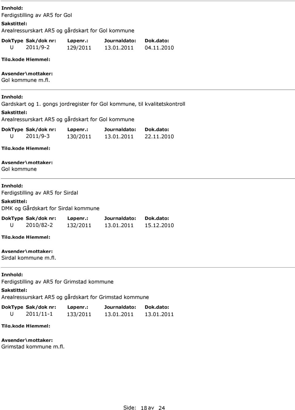 9-3 130/2011 22.11.2010 Gol kommune Ferdigstilling av AR5 for Sirdal DMK og Gårdskart for Sirdal kommune 2010/82-2 132/2011 15.12.
