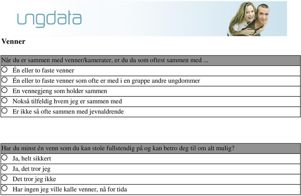 holder sammen Nokså tilfeldig hvem jeg er sammen med Er ikke så ofte sammen med jevnaldrende Har du minst én venn som