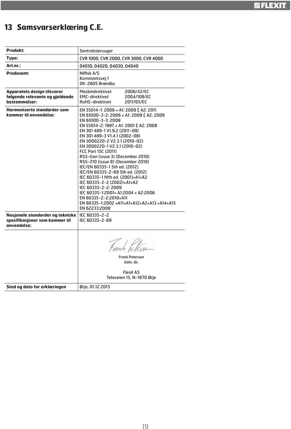 bestemmelser: RoHS-direktivet 2011/65/EC Harmoniserte standarder som kommer til anvendelse: Nasjonale standarder og tekniske spesifikasjoner som kommer til anvendelse: EN 55014-1: 2006 + A1: 2009 &