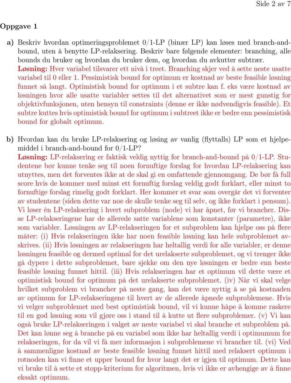 Branching skjer ved å sette neste usatte variabel til 0 eller 1. Pessimistisk bound for optimum er kostnad av beste feasible løsning funnet så langt. Optimistisk bound for optimum i et subtre kan f.