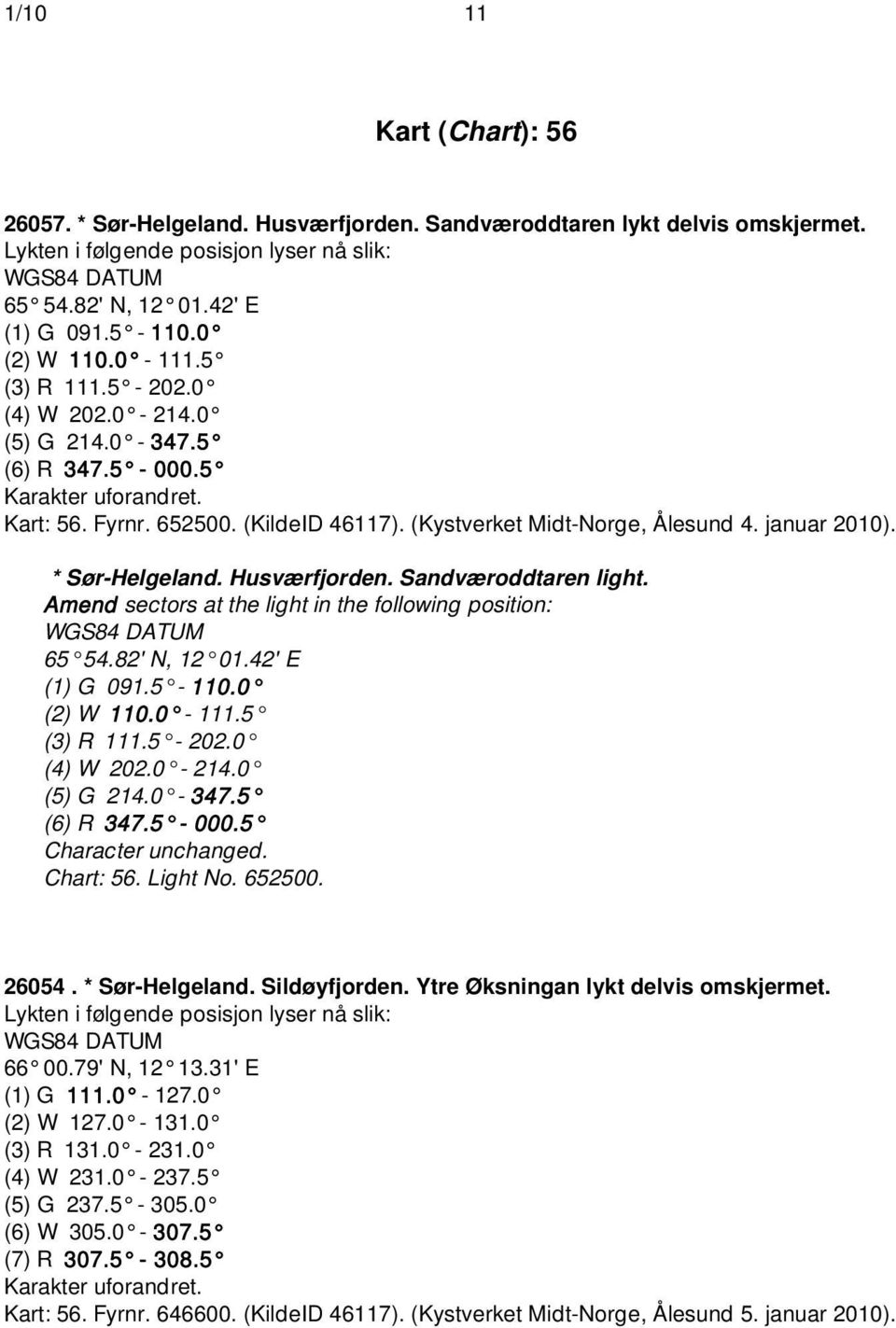 januar 2010). * Sør-Helgeland. Husværfjorden. Sandværoddtaren light. Amend sectors at the light in the following position: WGS84 DATUM 65 54.82' N, 12 01.42' E (1) G 091.5-110.0 (2) W 110.0-111.