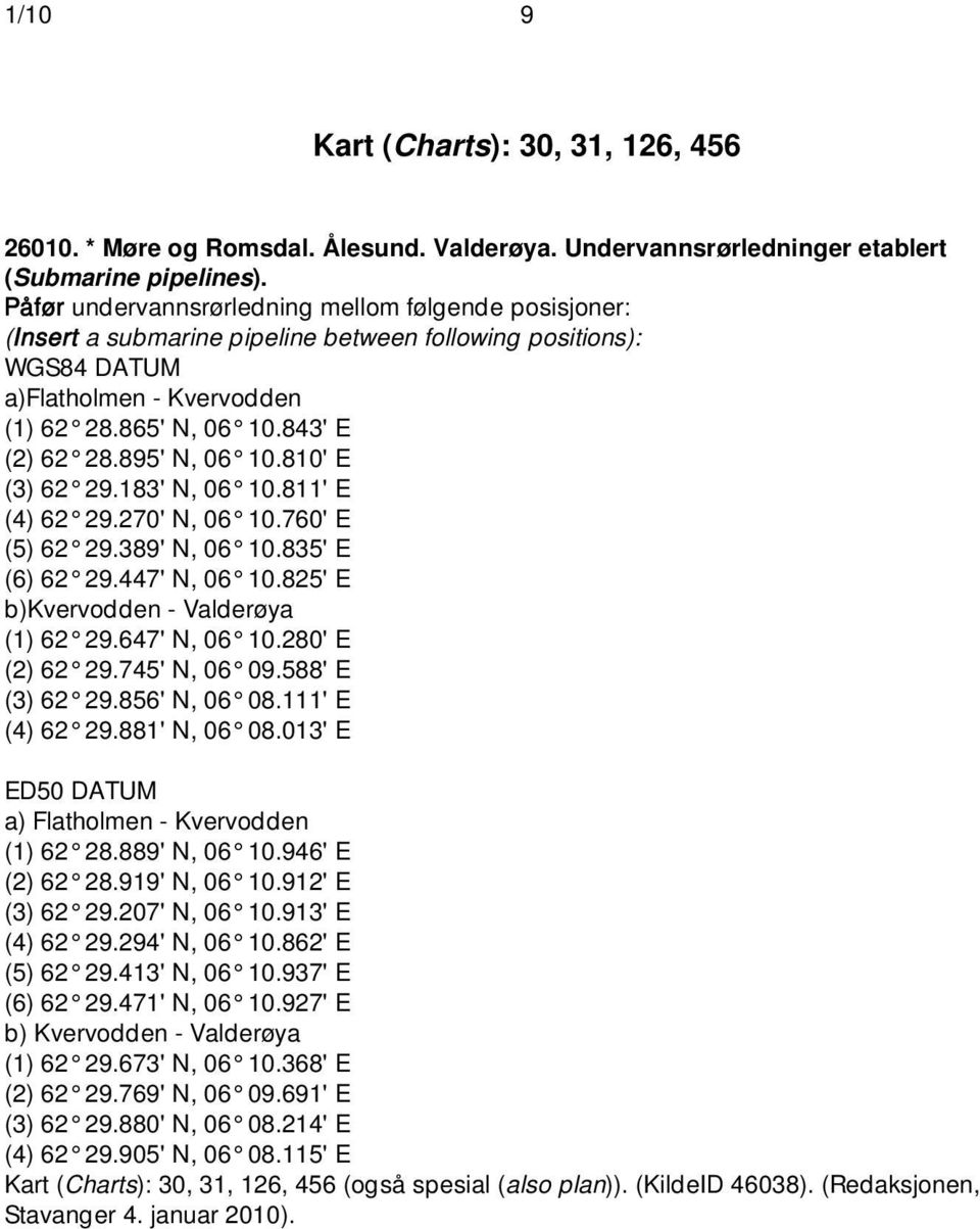 895' N, 06 10.810' E (3) 62 29.183' N, 06 10.811' E (4) 62 29.270' N, 06 10.760' E (5) 62 29.389' N, 06 10.835' E (6) 62 29.447' N, 06 10.825' E b)kvervodden - Valderøya (1) 62 29.647' N, 06 10.