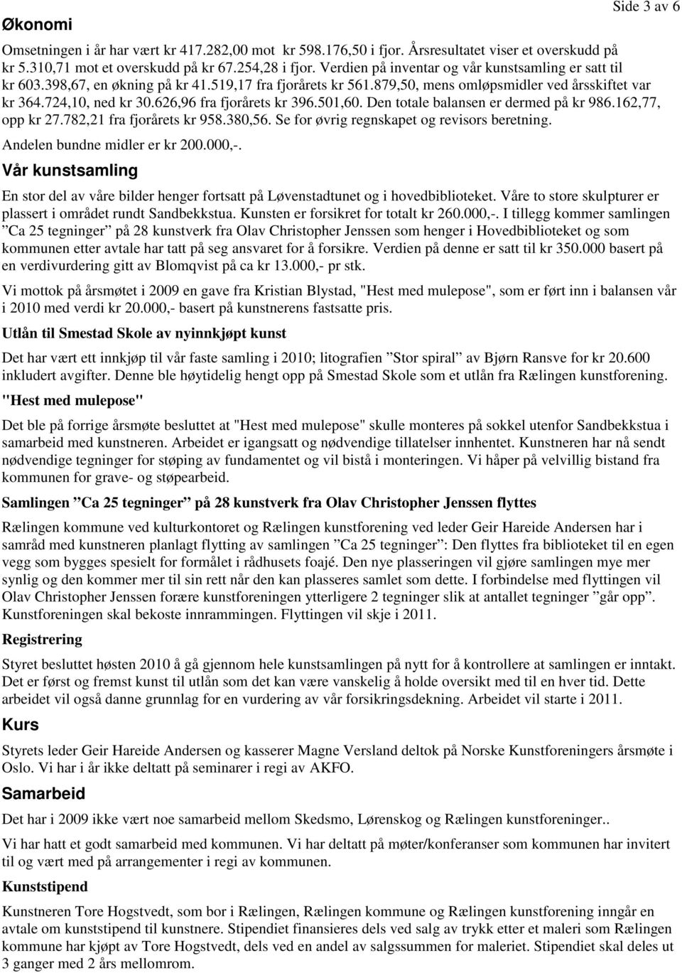 626,96 fra fjorårets kr 396.501,60. Den totale balansen er dermed på kr 986.162,77, opp kr 27.782,21 fra fjorårets kr 958.380,56. Se for øvrig regnskapet og revisors beretning.