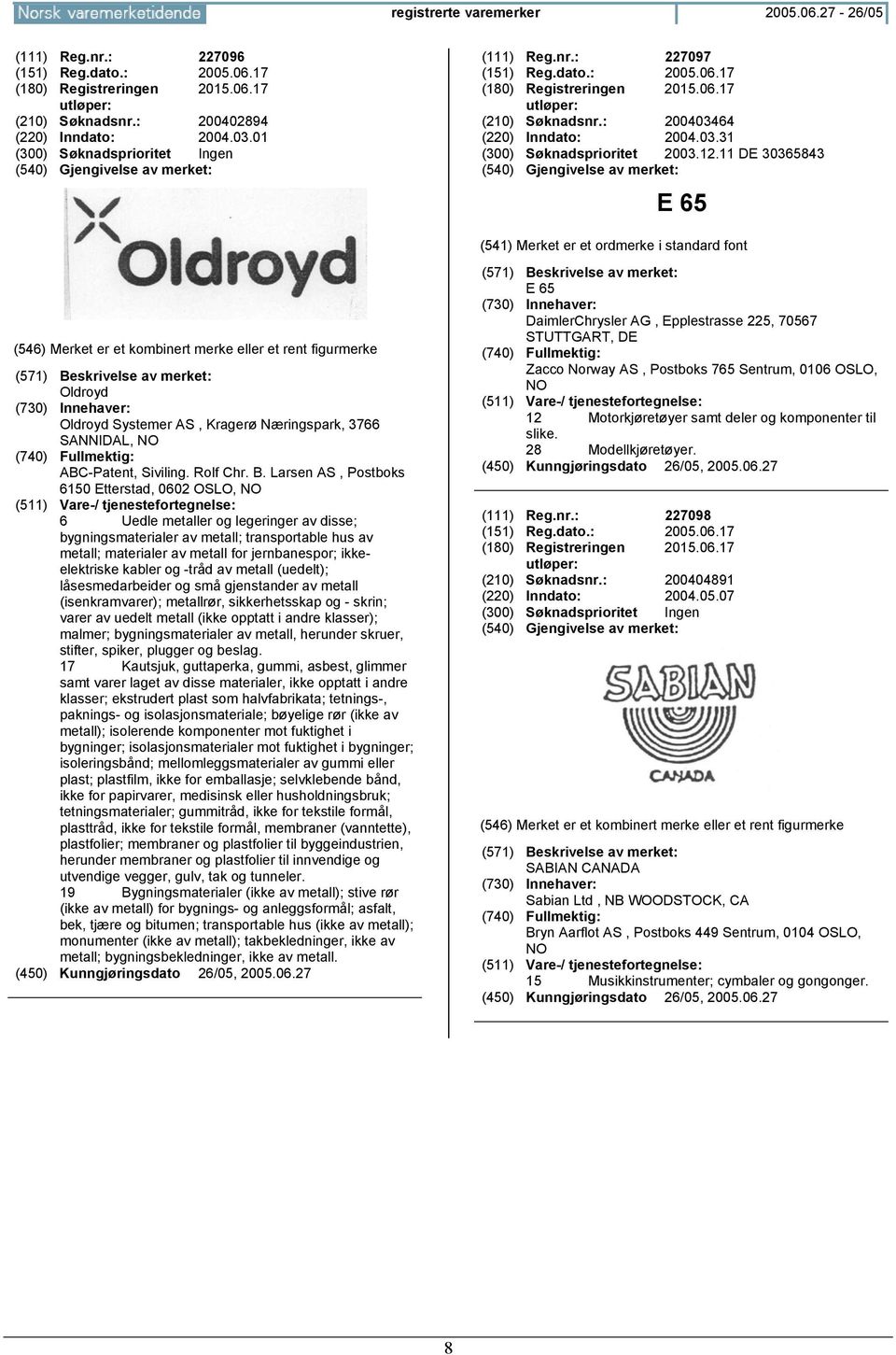 11 DE 30365843 E 65 Oldroyd Oldroyd Systemer AS, Kragerø Næringspark, 3766 SANNIDAL, ABC-Patent, Siviling. Rolf Chr. B.