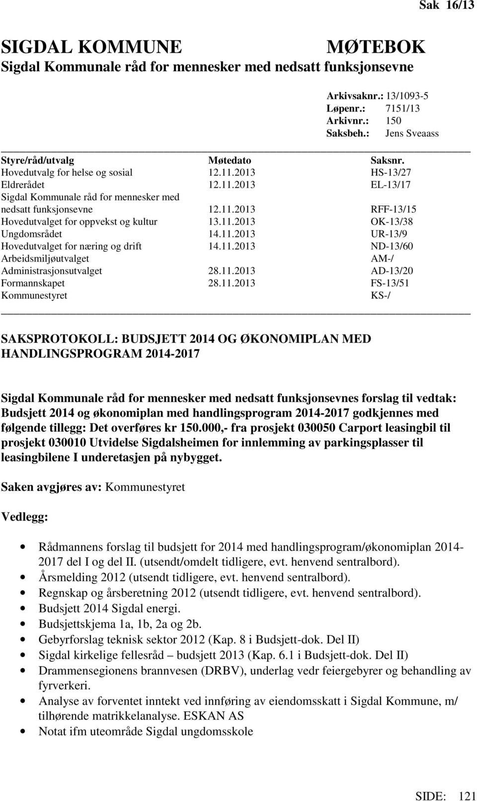 11.2013 OK-13/38 Ungdomsrådet 14.11.2013 UR-13/9 Hovedutvalget for næring og drift 14.11.2013 ND-13/60 Arbeidsmiljøutvalget AM-/ Administrasjonsutvalget 28.11.2013 AD-13/20 Formannskapet 28.11.2013