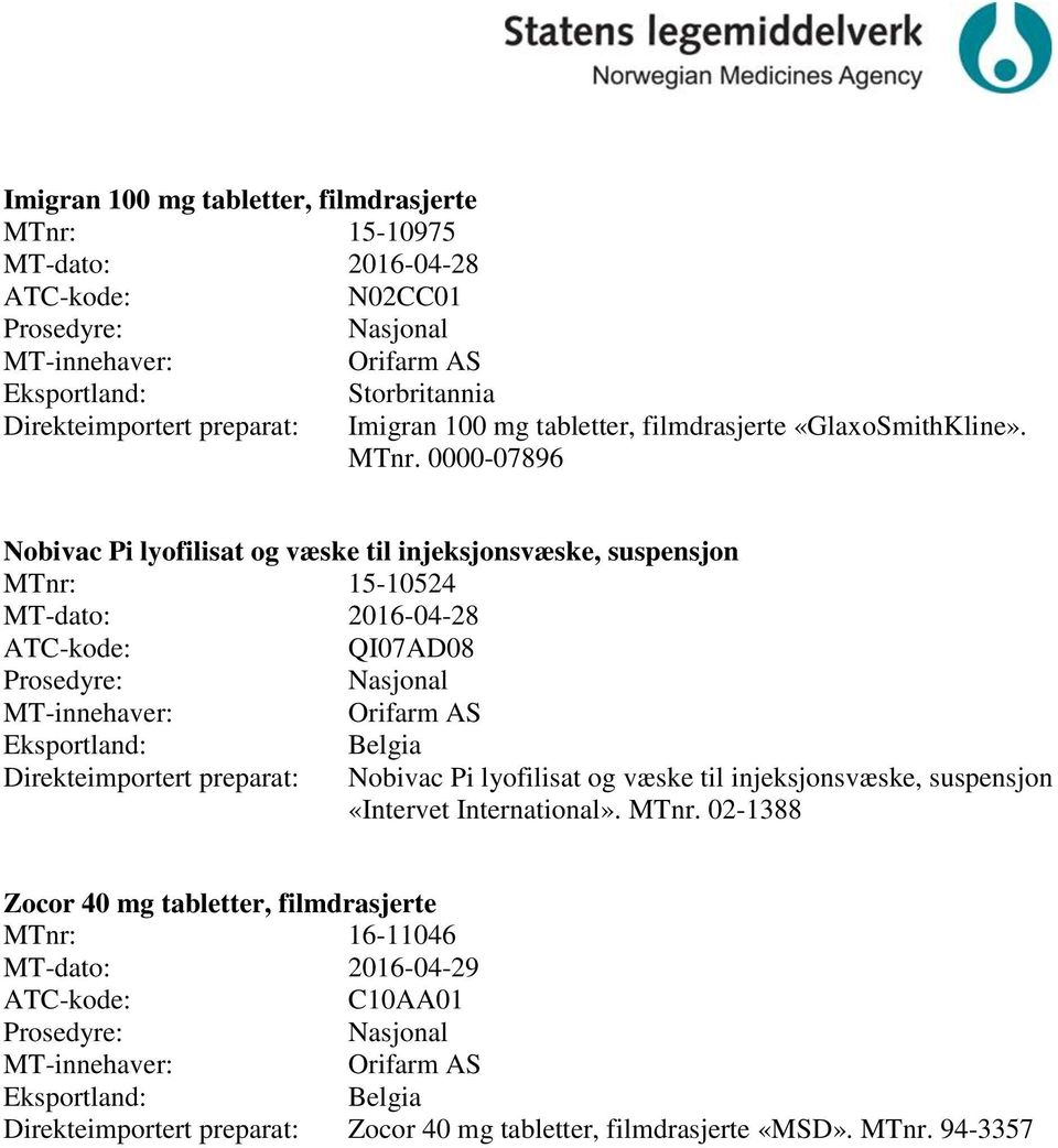 0000-07896 Nobivac Pi lyofilisat og væske til injeksjonsvæske, suspensjon 15-10524 MT-dato: 2016-04-28 QI07AD08 Nasjonal MT-innehaver: Orifarm AS Eksportland: Direkteimportert