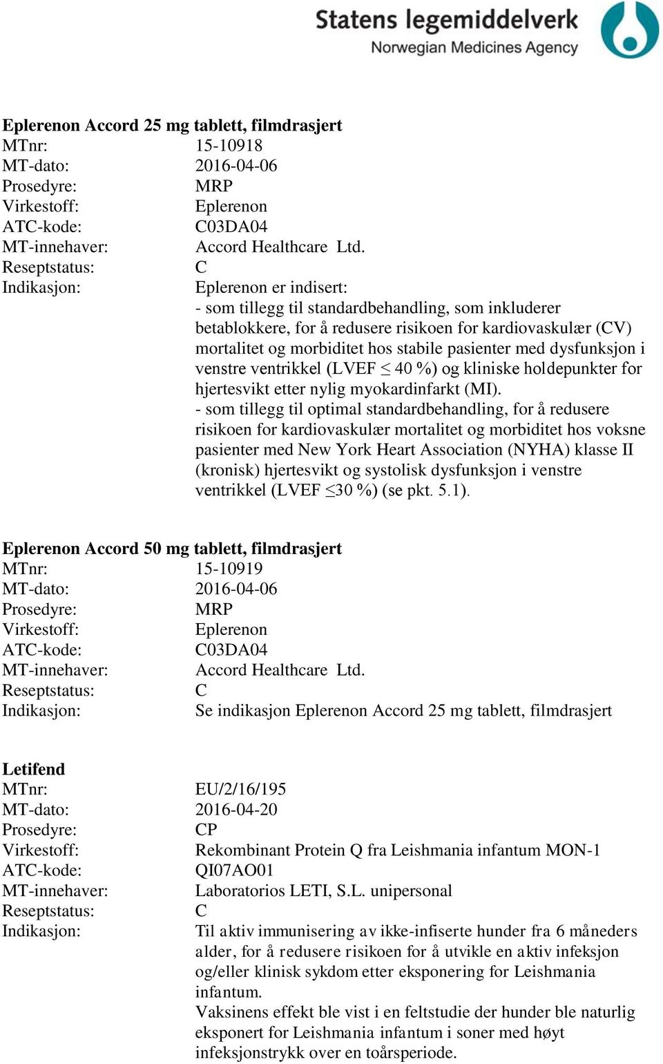 i venstre ventrikkel (LVEF 40 %) og kliniske holdepunkter for hjertesvikt etter nylig myokardinfarkt (MI).