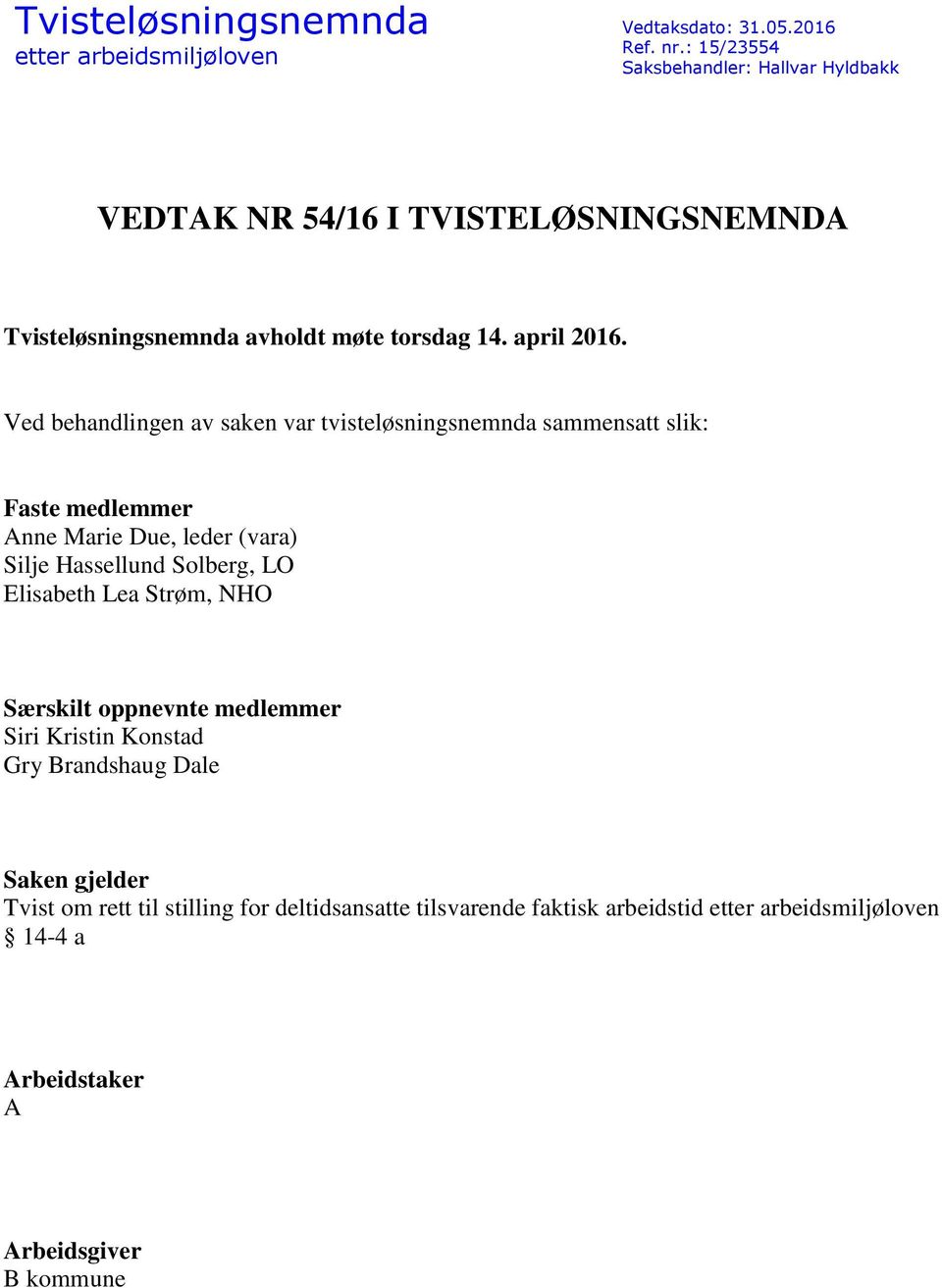 Ved behandlingen av saken var tvisteløsningsnemnda sammensatt slik: Faste medlemmer Anne Marie Due, leder (vara) Silje Hassellund Solberg, LO Elisabeth