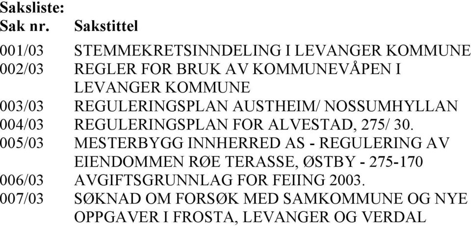 KOMMUNE 003/03 REGULERINGSPLAN AUSTHEIM/ NOSSUMHYLLAN 004/03 REGULERINGSPLAN FOR ALVESTAD, 275/ 30.