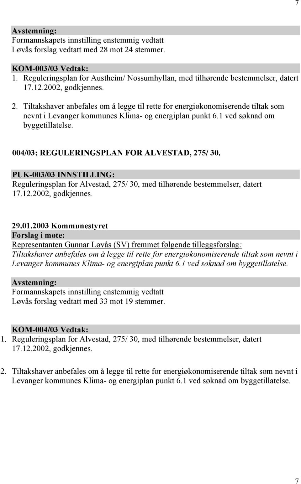 004/03: REGULERINGSPLAN FOR ALVESTAD, 275/ 30. PUK-003/03 INNSTILLING: Reguleringsplan for Alvestad, 275/ 30, med tilhørende bestemmelser, datert 17.12.2002, godkjennes.