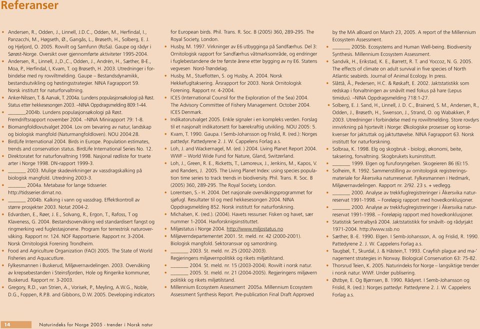 2003. Utredninger i forbindelse med ny rovviltmelding. Gaupe Bestandsdynamikk, bestandsutvikling og høstingsstrategier. NINA Fagrapport 59. Norsk institutt for naturforvaltning. Anker-Nilssen, T.