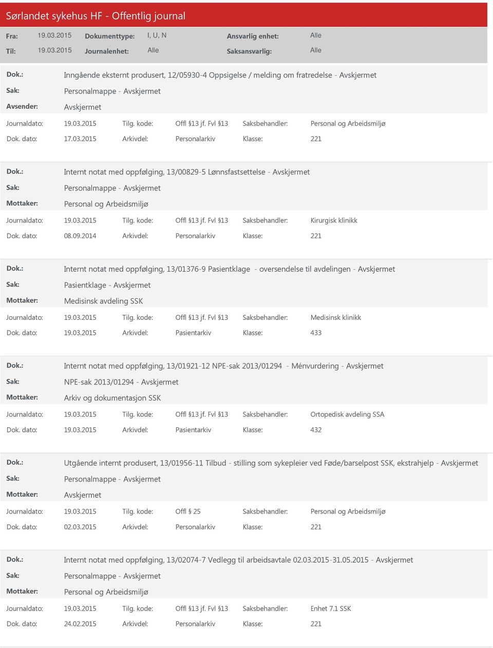 2014 Arkivdel: Personalarkiv Internt notat med oppfølging, 13/01376-9 Pasientklage - oversendelse til avdelingen - Pasientklage - Medisinsk avdeling SSK Medisinsk klinikk Dok.