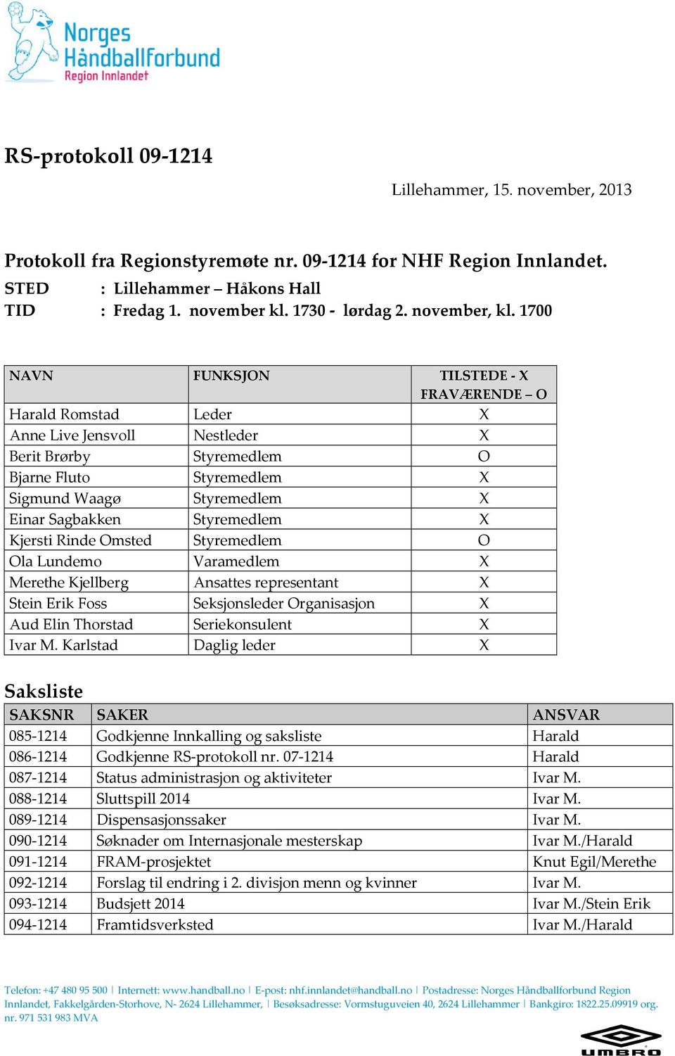 1700 NAVN FUNKSJON TILSTEDE - X FRAVÆRENDE O Harald Romstad Leder X Anne Live Jensvoll Nestleder X Berit Brørby Styremedlem O Bjarne Fluto Styremedlem X Sigmund Waagø Styremedlem X Einar Sagbakken