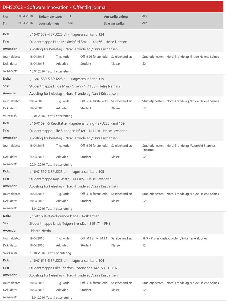 dato: Arkivdel: Student, Tatt til etterretning I, 16/01580-5 SP225 s1 - Klagesensur kand 119 Studentmappe Hilde Maaø Olsen - 141153 - Helse Namsos Avdeling for helsefag - Nord-Trøndelag /nni