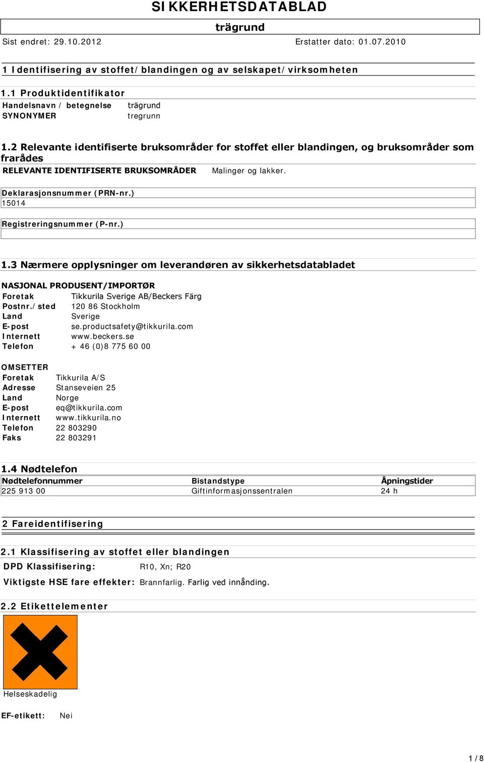 ) 15014 Registreringsnummer (P-nr.) 1.3 Nærmere opplysninger om leverandøren av sikkerhetsdatabladet NASJONAL PRODUSENT/IMPORTØR Foretak Tikkurila Sverige AB/Beckers Färg Postnr.