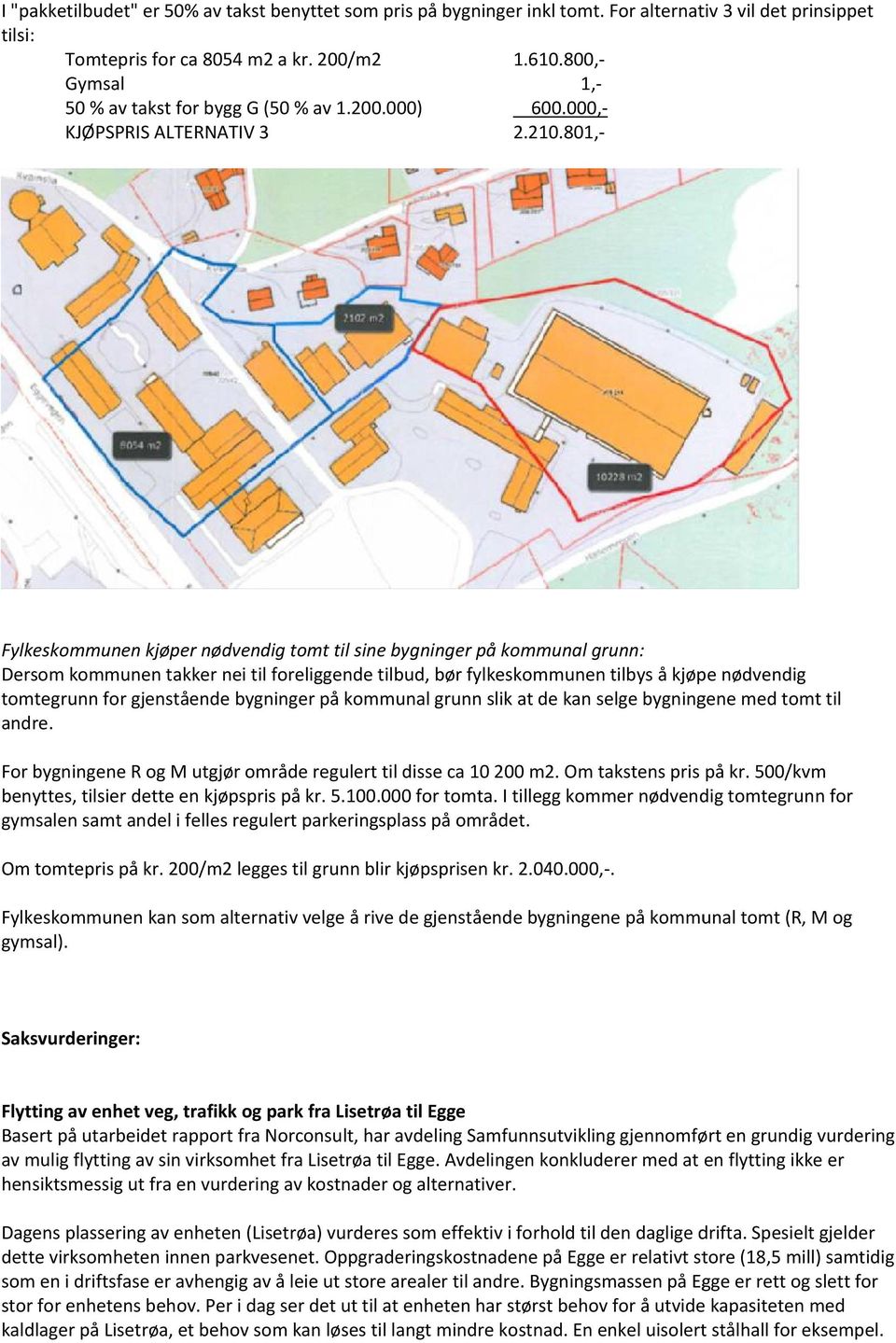 801,- Fylkeskommunen kjøper nødvendig tomt til sine bygninger på kommunal grunn: Dersom kommunen takker nei til foreliggende tilbud, bør fylkeskommunen tilbys å kjøpe nødvendig tomtegrunn for