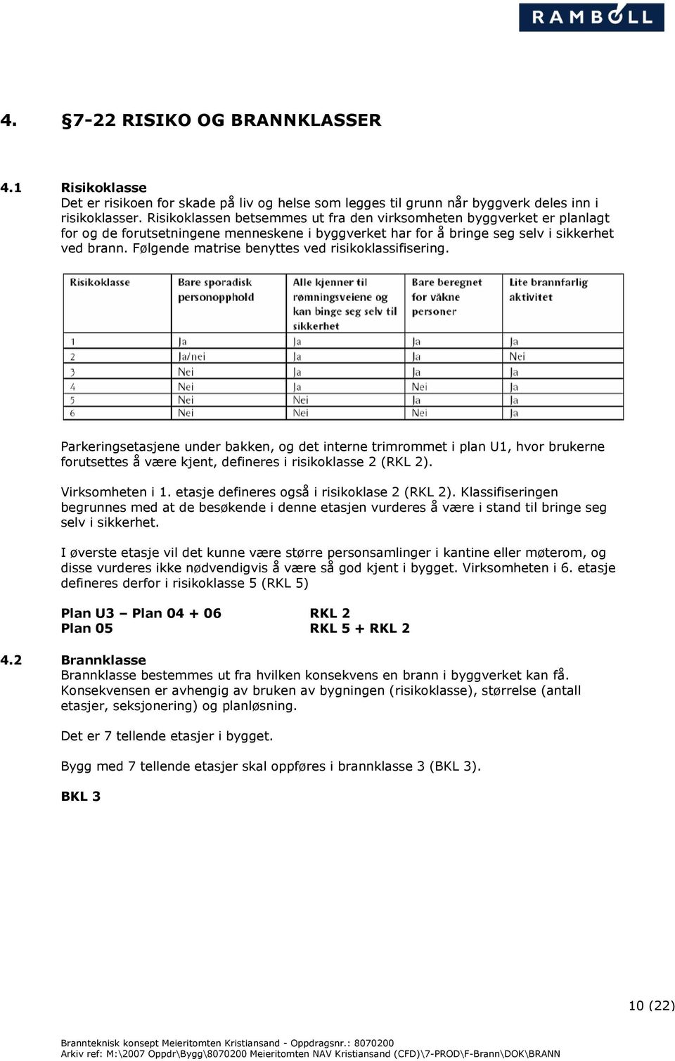 Følgende matrise benyttes ved risikoklassifisering. Parkeringsetasjene under bakken, og det interne trimrommet i plan U1, hvor brukerne forutsettes å være kjent, defineres i risikoklasse 2 (RKL 2).