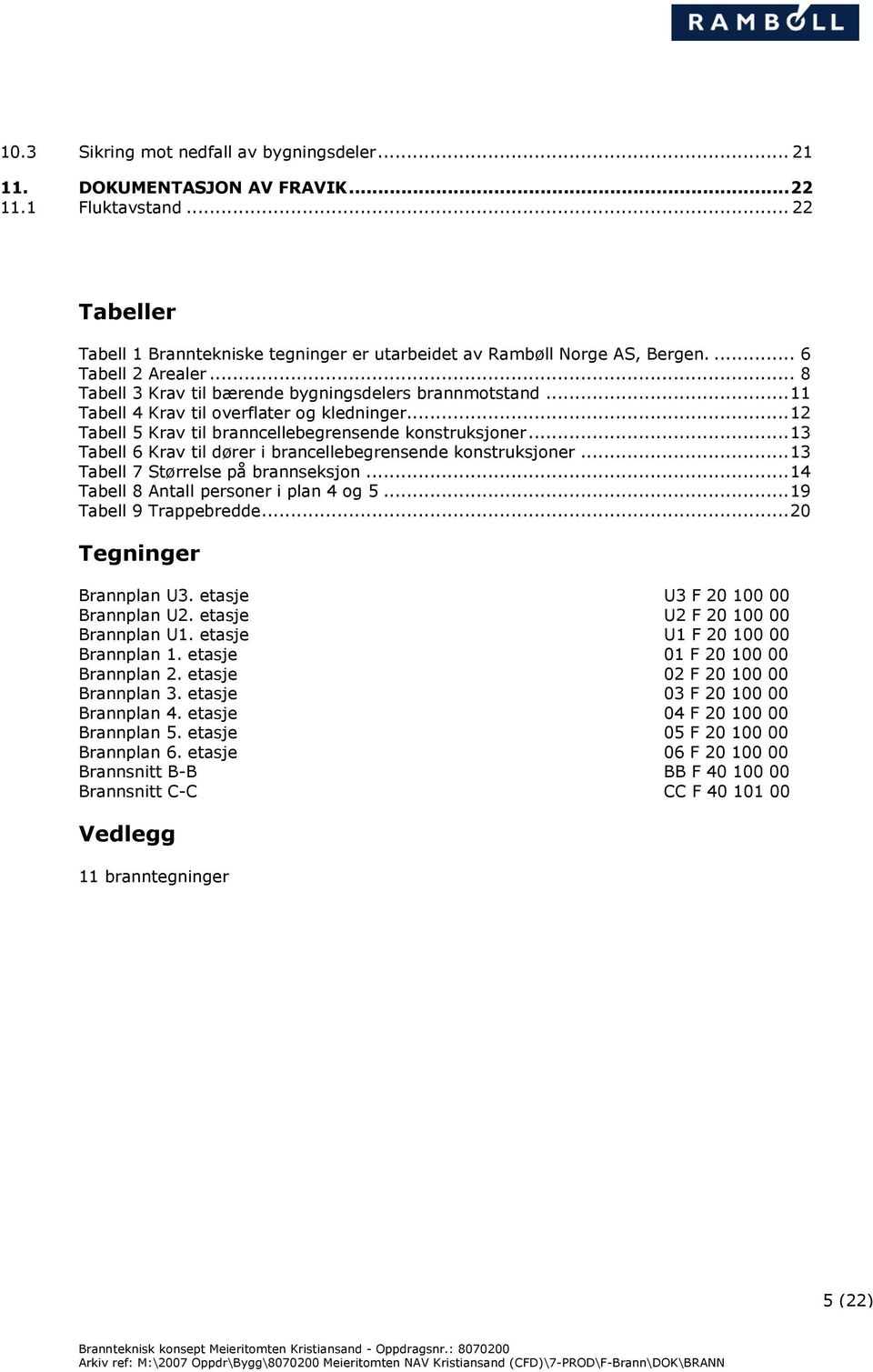 ..13 Tabell 6 Krav til dører i brancellebegrensende konstruksjoner...13 Tabell 7 Størrelse på brannseksjon...14 Tabell 8 Antall personer i plan 4 og 5...19 Tabell 9 Trappebredde.