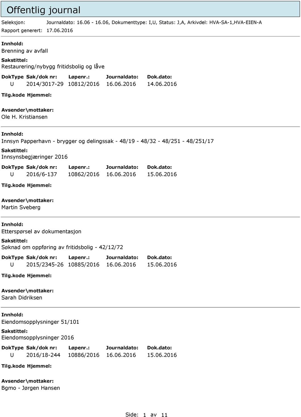 Etterspørsel av dokumentasjon Søknad om oppføring av fritidsbolig - 42/12/72 2015/2345-26 10885/2016 Sarah Didriksen Eiendomsopplysninger 51/101