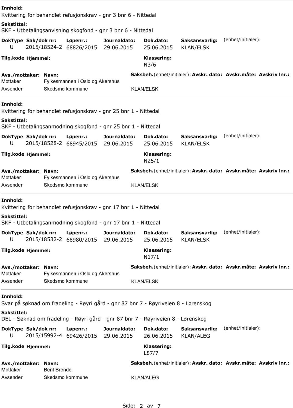 : Mottaker Fylkesmannen i Oslo og Akershus Kvittering for behandlet refusjonskrav - gnr 25 bnr 1 - Nittedal SKF - tbetalingsanmodning skogfond - gnr 25 bnr 1 - Nittedal 2015/18528-2 68945/2015 25.06.