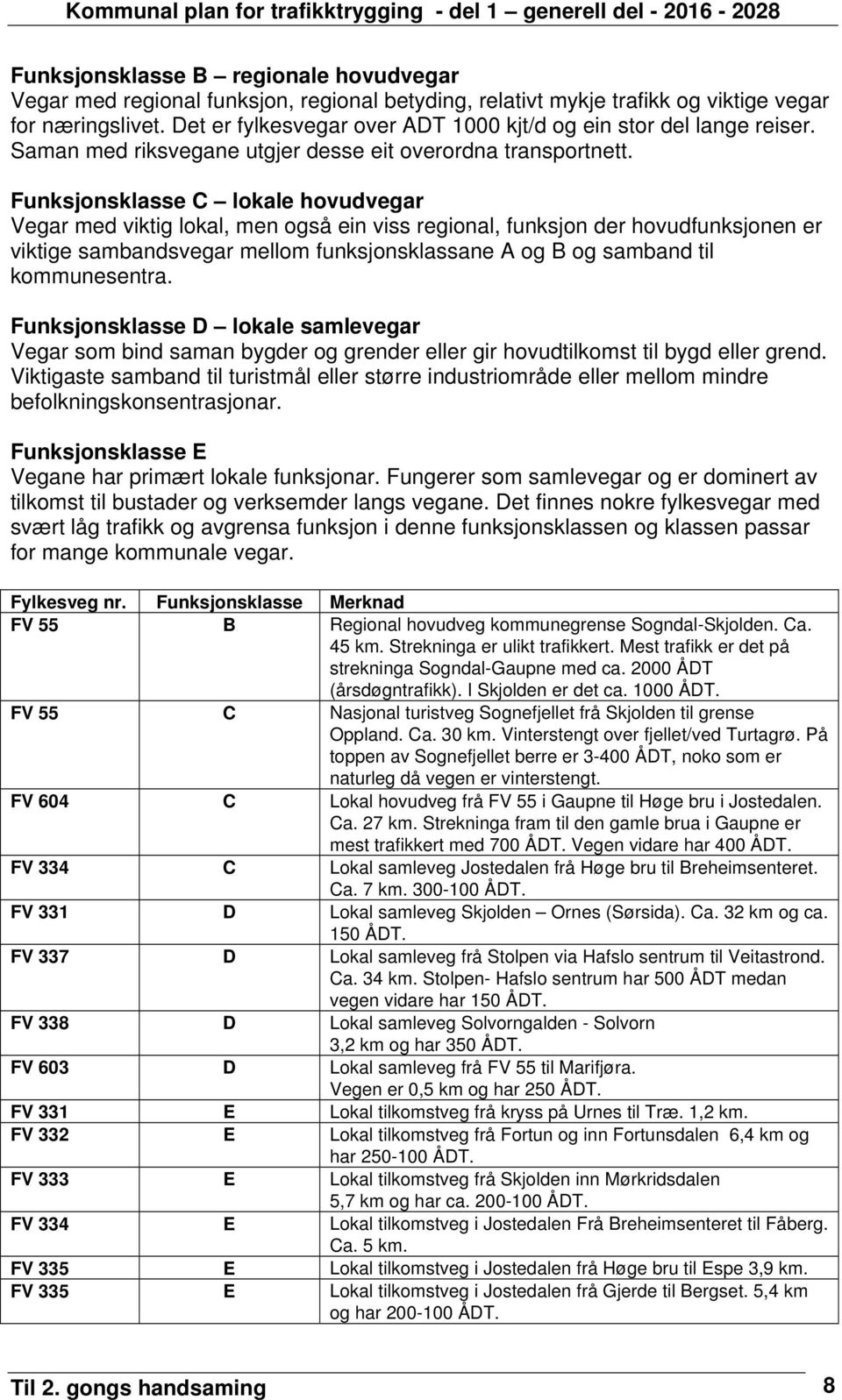 Funksjonsklasse C lokale hovudvegar Vegar med viktig lokal, men også ein viss regional, funksjon der hovudfunksjonen er viktige sambandsvegar mellom funksjonsklassane A og B og samband til