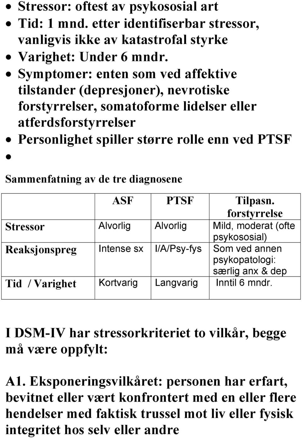 de tre diagnosene ASF PTSF Tilpasn.