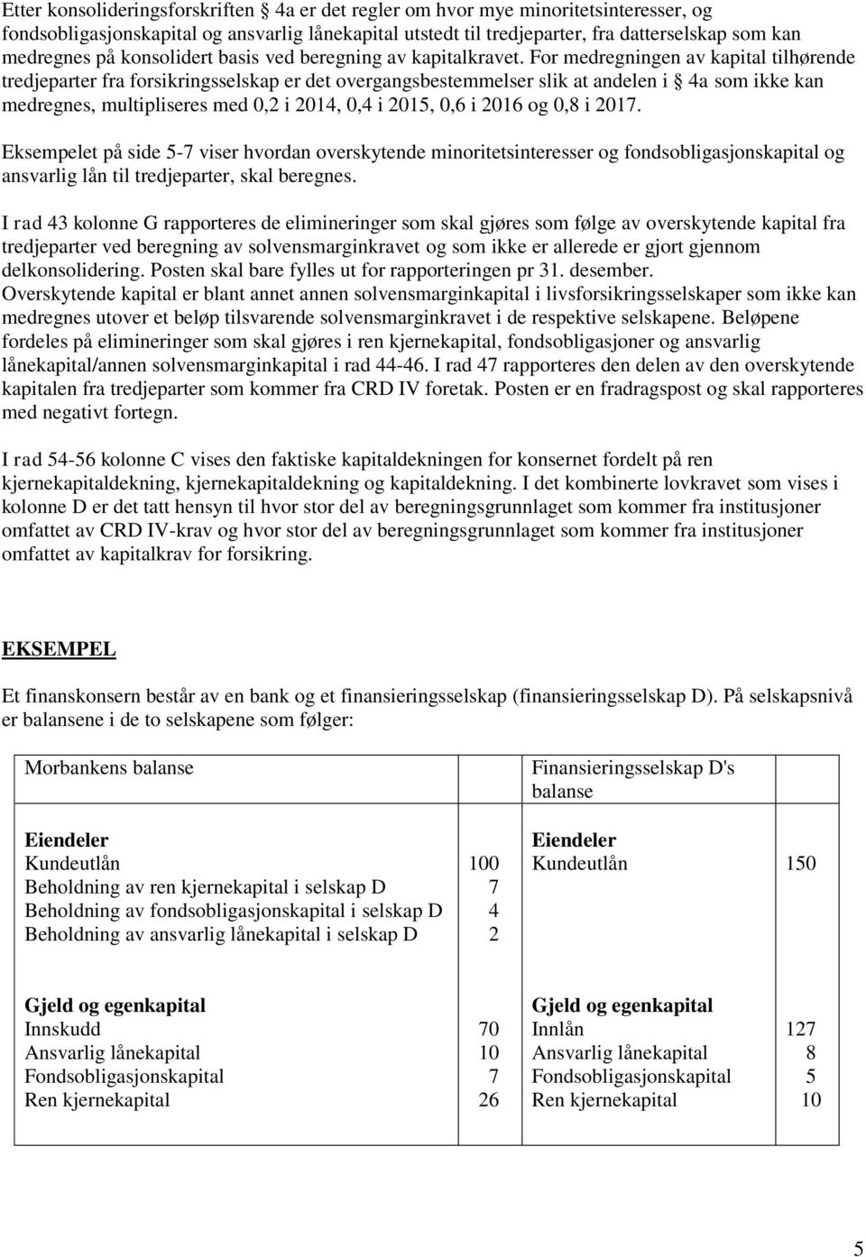 For medregningen av kapital tilhørende tredjeparter fra forsikringsselskap er det overgangsbestemmelser slik at andelen i 4a som ikke kan medregnes, multipliseres med 0,2 i 2014, 0,4 i 2015, 0,6 i