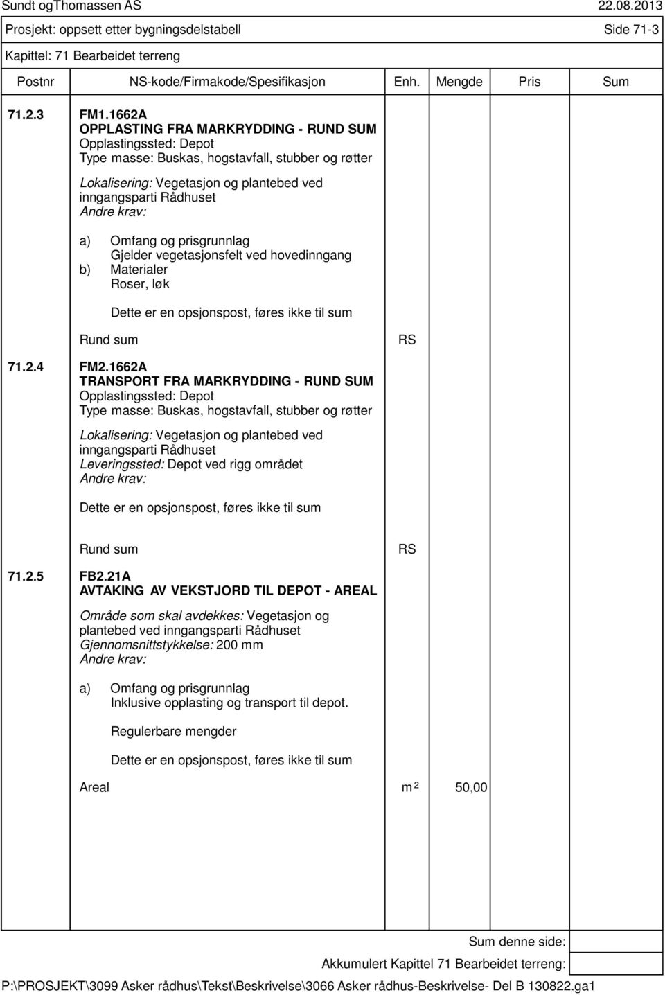 vegetasjonsfelt ved hovedinngang b) Materialer Roser, løk Rund sum RS 71.2.4 FM2.