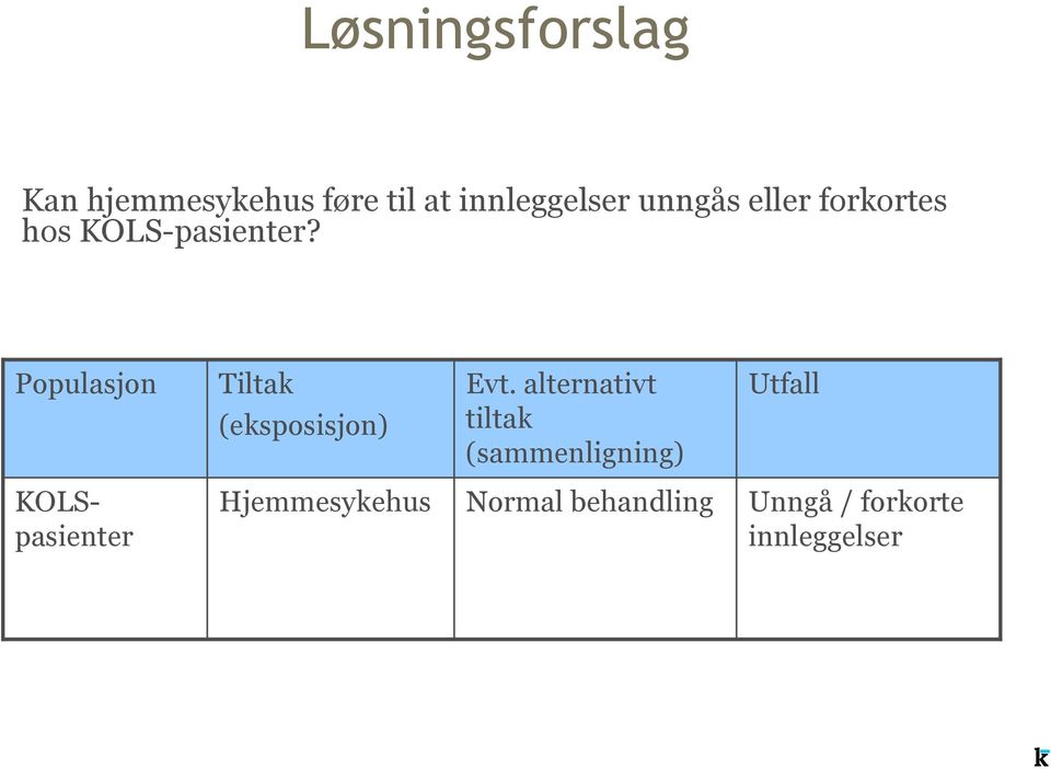 Populasjon Tiltak (eksposisjon) Evt.